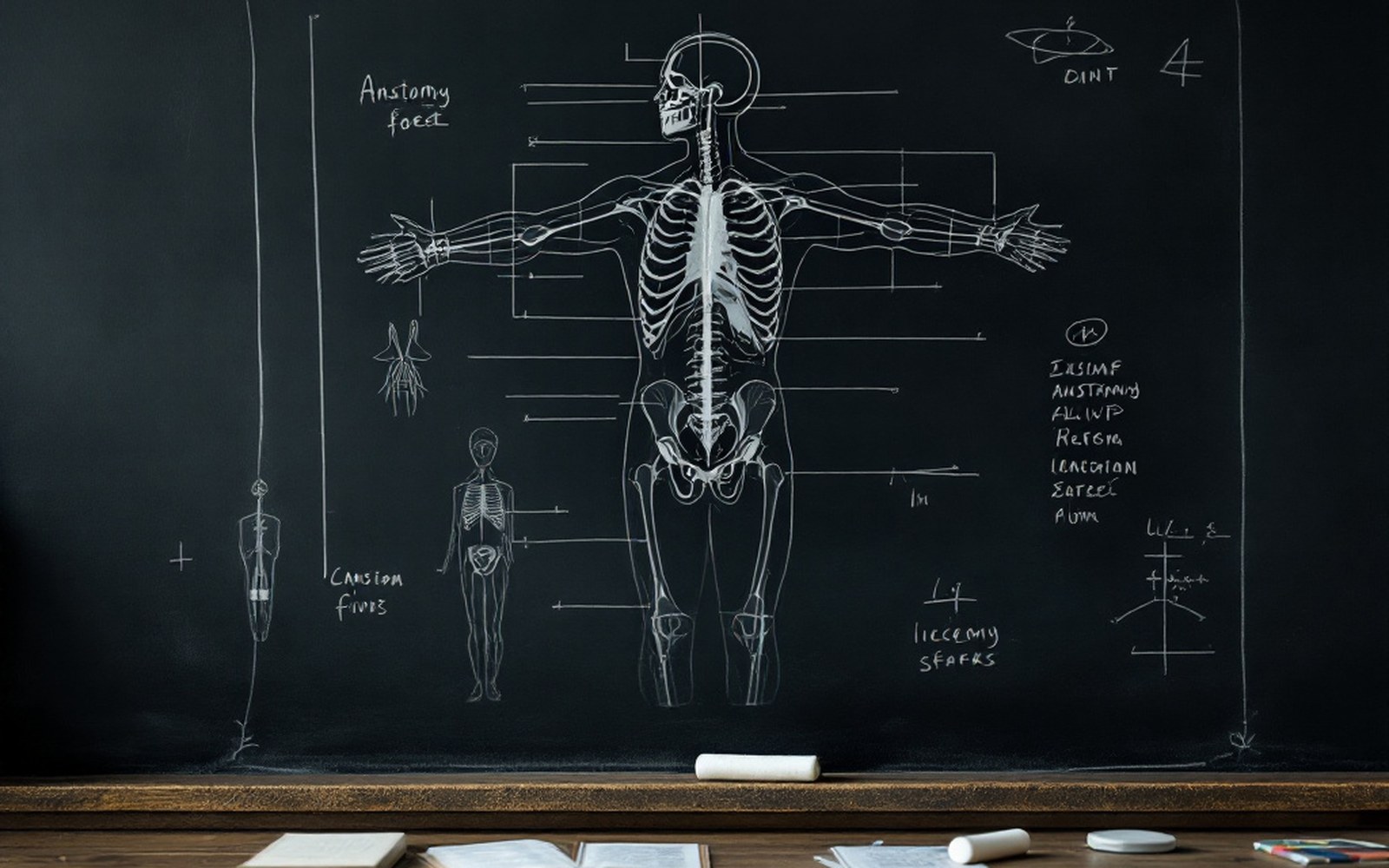 An anatomical diagram drawn on a lecture-theatre blackboard with chalk resting on the ledge