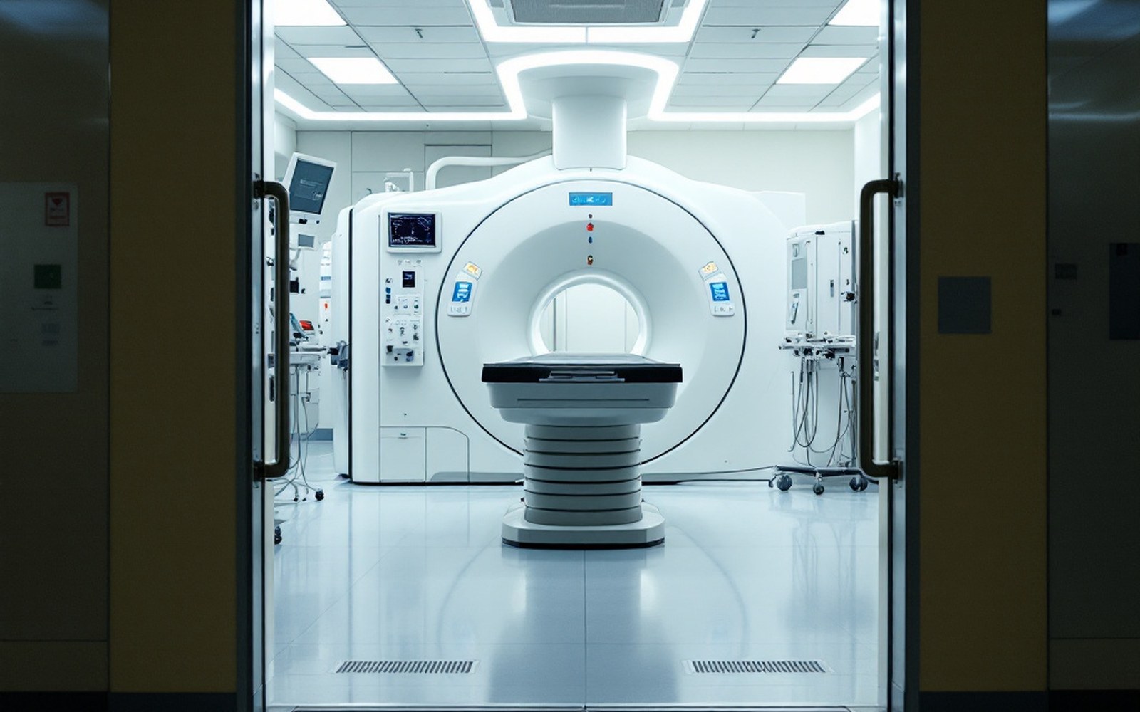 An empty linear accelerator treatment room seen from the doorway
